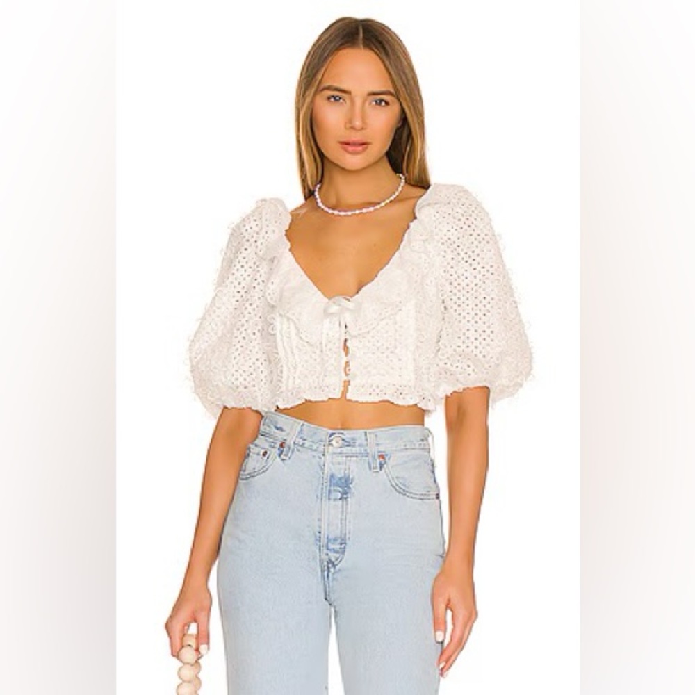 For Love And Lemons White Eyelet Puff-Sleeve Crop Top with Front Tie